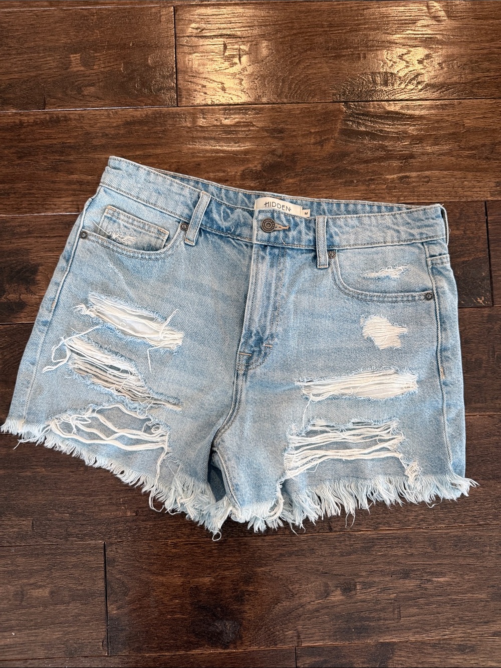 High-Rise Light Blue Distressed Denim Shorts - Women's